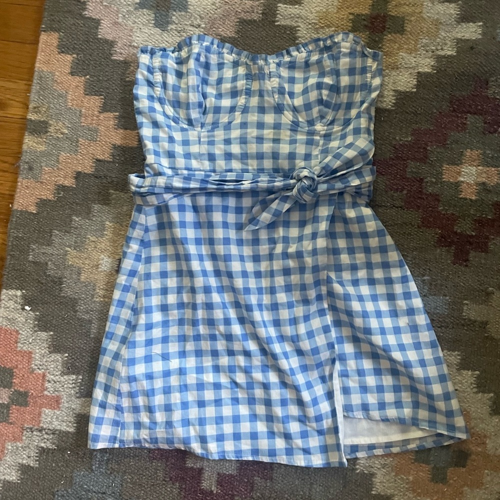 for love and lemons blue gingham strapless mini dress